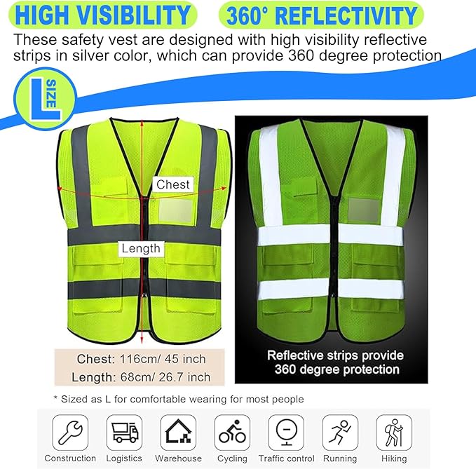 Reflective Safety Vest Bulk Construction Worker Costume Utility High Visibility Vest with Pocket,for Men Women-L size