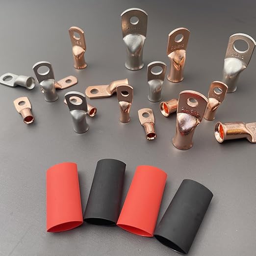 8Pcs 8 AWG 3/8" Stud and 8Pcs 8 AWG 5/16" Stud Heavy Duty Copper Wire Lugs with 16Pcs Heat Shrink Tubing 8 Gauge Ring Terminals 8 AWG Battery Cable Ends Bare Copper Eyelets