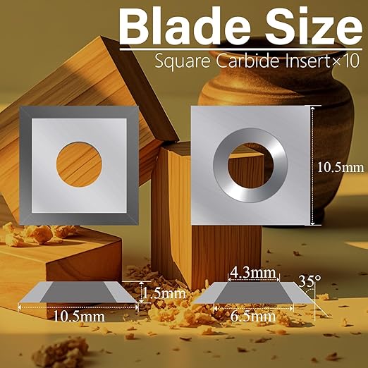10.5mm Square Carbide Inserts Cutters Tungsten Carbide Reversible Blades Replacement Knives 10.5×10.5×1.5mm-35° for Woodworking Spiral/Helical Planer Cutter Head or Wood Turning Lathe Tools 10 Pcs