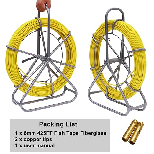 INTSUPERMAI 6mm 425FT Duct Rodder Fish Tape Fiberglass Wire Cable Running Rod Reel Wire with Durable Steel Stand, Fishtape Puller Conduit Puller with 2pcs Copper Tips