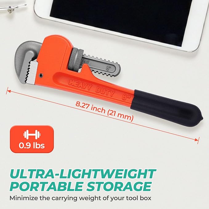 Heavy Duty 8 Inch Adjustable Pipe Wrench - Mini Straight Plumbing Tool for Tight Spaces & DIY Repairs