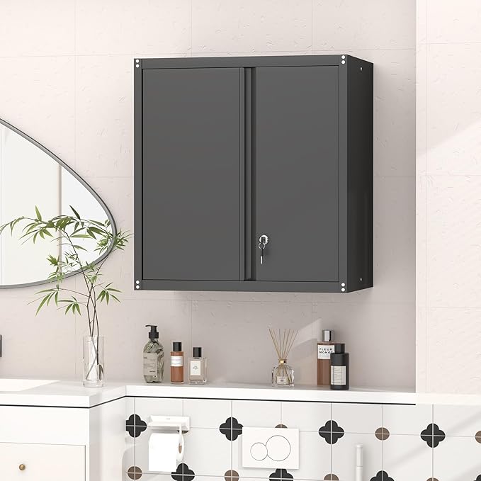 GREATMEET 27.95" H Garage Cabinets, Locking Cabinet, Garage Storage Cabinets, Hanging Wall Mount Cabinet for Utility Room, Black