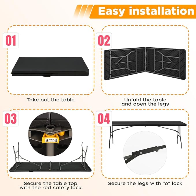 FDW 8FT Folding Table, Portable Fold-in-Half Plastic Picnic Party Table - Image 4