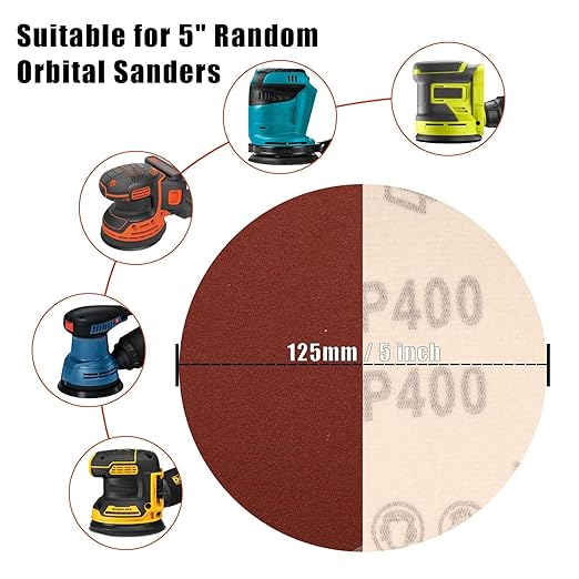 400 Grit 5 Inch Sanding Discs Hook and Loop Sandpaper, 150 PCS 8 Hole Adhesive Fine Sand Paper for Random Orbital Sander