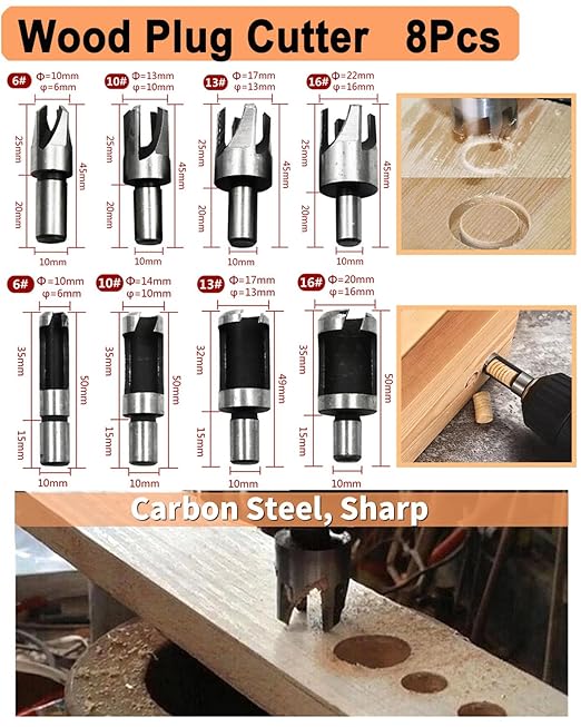 34 Pack Wood Working Chamfer Drilling Tools, 6 Countersink Drill Bit Set, 7 Counter Sinker Drill Bit Set, 8 Plug Cutters for Wood, 8 Drill Stop Bit Collar Set and 3 Step Drill Bits.
