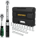 AEROFORCE 19Pcs 1/4 inch Drive Click Dual-Direction Adjustable Bike Torque Wrench Set（4-20 Lb.ft/5.4-27.2 Nm）, with 6 Sockets, Hex, Torx, Extension Bar, 1/4'' Ratchet Wrench, Maintenance Kit for MTB.