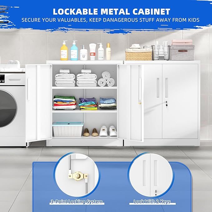 Pataku Metal Storage Cabinet, Garage Cabinet with Doors and Shelves 36" Hx32 Wx16 D, Steel Lockable File Cabinets for Office, Home, Garage, Basement, Industrial, White