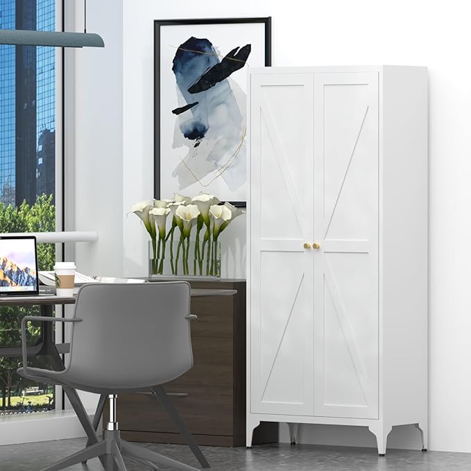 GREATMEET 65" Tall Kitchen Pantry Storage Cabinet, White Pantry Storage Cabinet, Farmhouse Metal Kitchen Cupboard with Doors for Garage, Dining Room, Living Room and Laundry