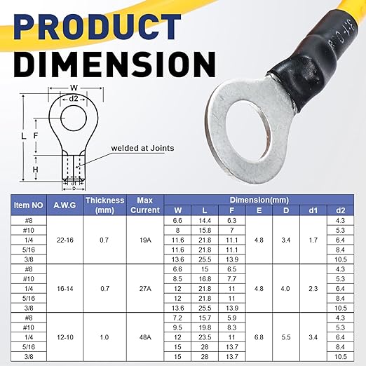 haisstronica Non Insulated Wire Connectors Kit，100pcs 1/4” Ring Terminals (AWG 22-16) with 100pcs 3:1 Heat Shrink Tubing for Automotive Marine，Brazed Seam Wire Crimp terminals