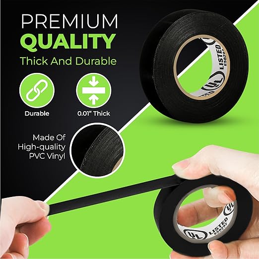 Vinyl Electrical Tape Black, Professional Grade, 3/4 inch x 66ft, Pack of 10