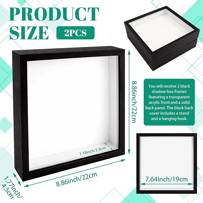 VOKOY 2 Pack 8" x 8" Shadow Box Frame, Wooden Black Hollow Photo Frame - Image 2