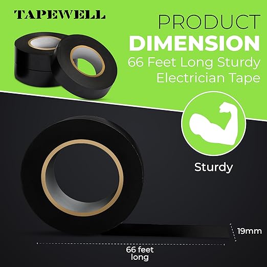 Black Electric Tape - Professional Grade - 3/4 inch x 66ft - PVC Electrical Insulating Tape for All Weather - U/L Approved - Waterproof - Home Improvement Electrical Equipment - Pack of 6