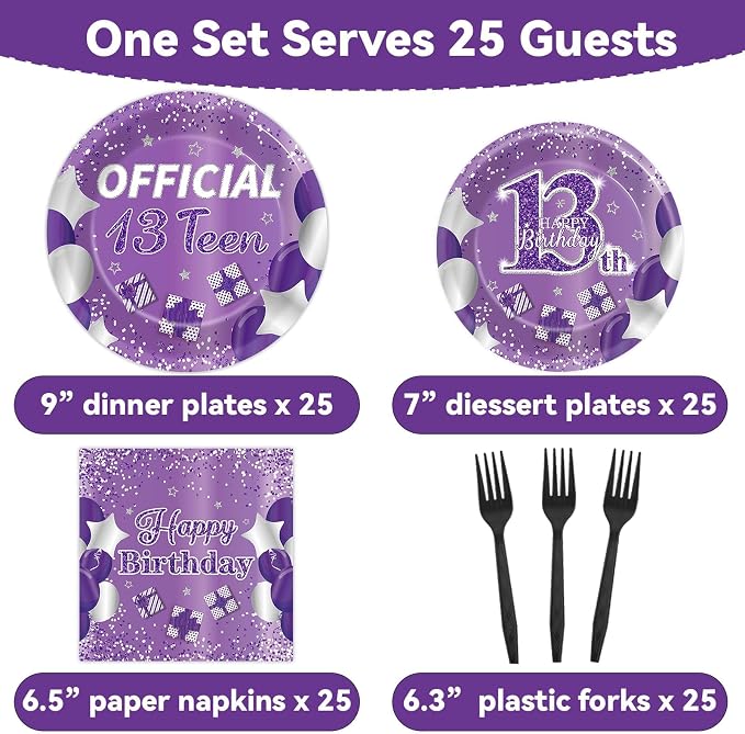 Qyeahkj 100 Pcs Purple Official Teen Birthday Decor 13th Birthday Plates - Image 2