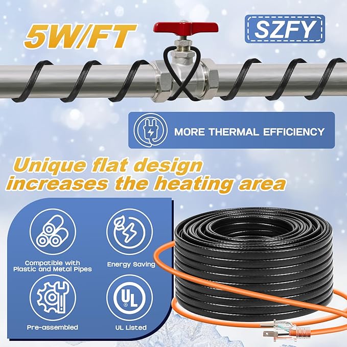3FT~200FT Heat Tape for Water Pipes, -40°F Deicing Cable,Pipe Heat Cables for Roof,Gutter，Farm，Freeze Protetion Heating Wires, Heated Water Hose,Plumbing Fixtures,120V 5W/FT (6FT)