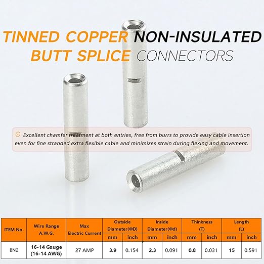 SVAAR 100PCS 16-14 Gauge Non Insulated Butt Connectors 16-14 AWG Uninsulated Butt Splice Connectors Crimp Repair Butt Splices Kit Tinned Copper Marine Grade Seamless Barrel Crimp Butt Splice Terminals