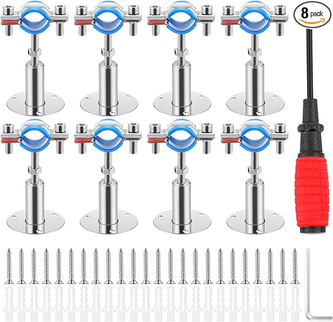 8 Pcs 304 Stainless Steel Wall Mount Ceiling Mount Pipe Supports Bracket, Suitable for OD 3/4"(25-28mm), Adjustable Height 50-100mm, Adjustable Pipe Strap Clamp with Screws and Screwdriver