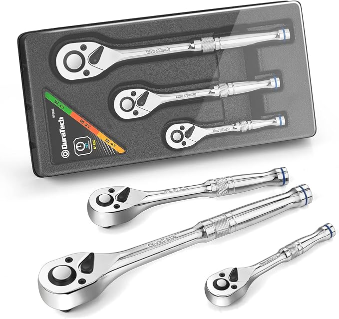 DURATECH 3-Piece Ratchet Set, 1/4", 3/8", 1/2", 72-Tooth with Quick-Release Reversible Design, Chrome Alloy Made, Fully Polished, Organized in Storage Case
