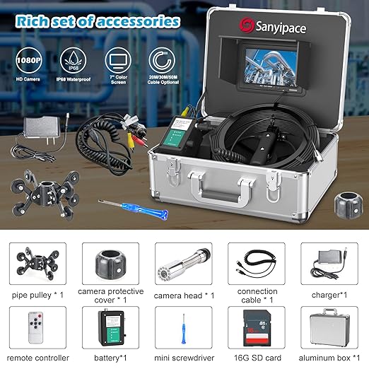 Sanyipace Sewer Scope Camera, 1080P FHD, 165FT/50M, 5X Zoom in, Remote Control, Sapphire Lens, Battery Level Display, Drain Inspection Camer with 12 Adjustable LED Lights, 7'' LCD Screen,16GB TF Card
