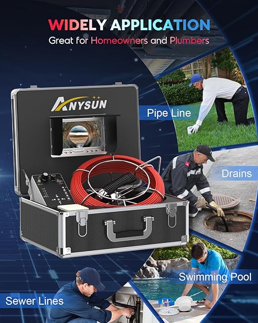 Anysun Sewer Camera with Locator, Self Leveling, Distance Counter, 512Hz Pipe Inspection Camera with DVR Recorder, Waterproof IP68 Plumbing Camera, Industrial Drain Camera w 7" HD Color Screen(100Ft)
