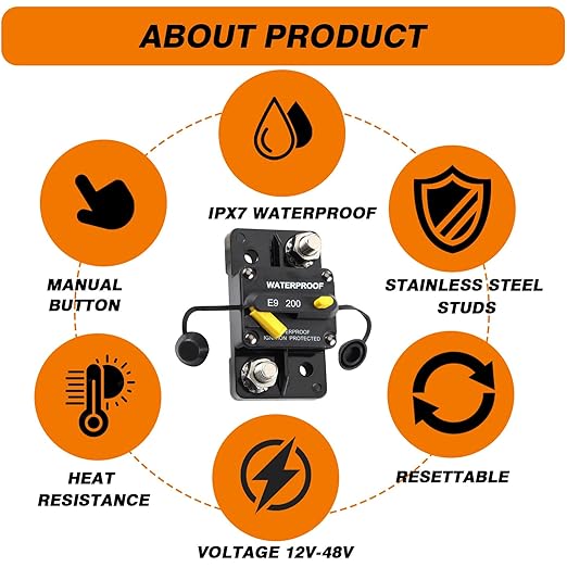 E93 Circuit Breaker Waterproof IP67 25A-300A Extended Surface Mount with 3/8" Diagonal Studs Hi-Amp Marine RV Truck Protector (300A)