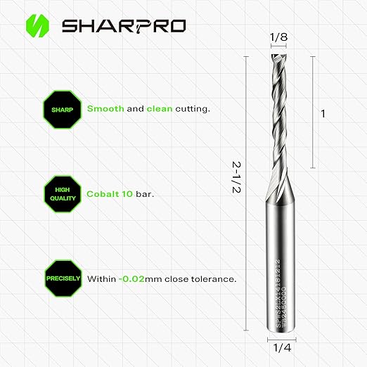 Spiral Upcut Router Bit 1/4 Inch Shank 1/8 Inch Cutting Dia. 1'' CL. Extra Long 2-1/2'' OVL. Carbide Upcut CNC Router Bit, Ideal for Wood Engraving and Plunging Applications