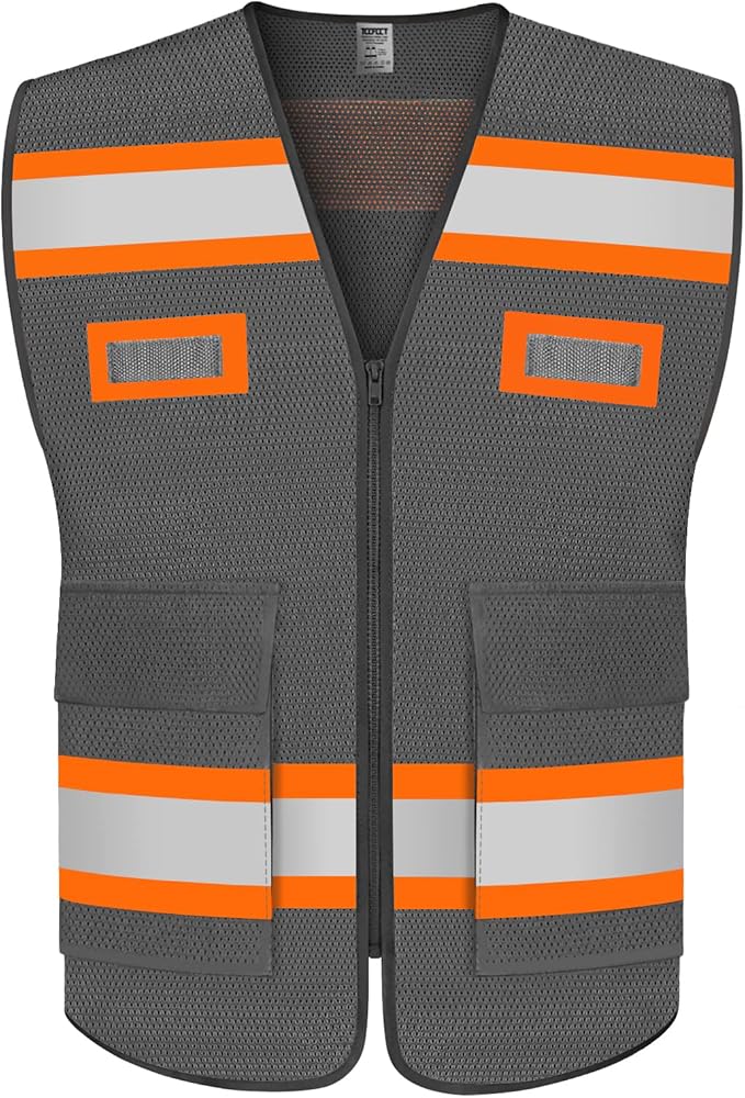 TCCFCCT Mesh Hi Vis Vest with Pockets High Visibility Reflective Safety Vest for Men Women, Construction Vest with Fluorescent Orange Extend Edge, Meets ANSI/ISEA Standards, Grey, 4XL