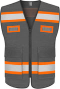 TCCFCCT Mesh Hi Vis Vest with Pockets High Visibility Reflective Safety Vest for Men Women, Construction Vest with Fluorescent Orange Extend Edge, Meets ANSI/ISEA Standards, Grey, 4XL