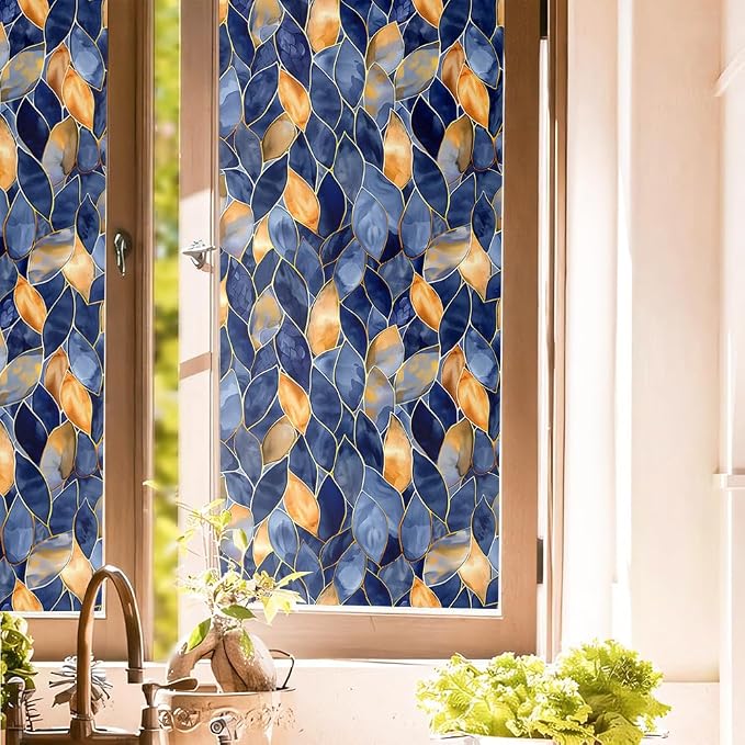 Golden Yellow Blue Leaf Mosaic Window Films Decorative Double-Side Privacy Film by Unknown