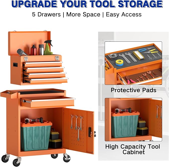 5 Drawer Tools Chest, Tool Cabinet with Universal Lockable Wheels，Tool Box with Detachable Top Box for Workshop(Orange)