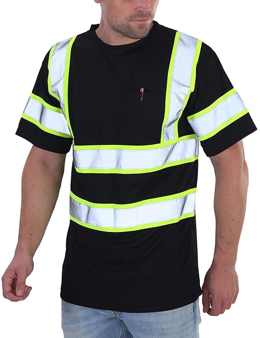 sesafety High Visibility Shirts for Mens Class 3 Hi Vis Reflective Construction Shirts for Men with Pocket Safety T Shirts for Men Work Shirt for Mens Short Sleeve Black Yellow Strips 3XL