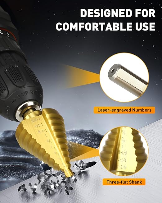 COMOWARE Step Drill Bit for Metal, Titanium Coated, Double Cutting Blades, High Speed Steel, Short Length Drill Bit, Total 10 Sizes from 1/4” to 1-3/8", for Steel Sheets Aluminum Copper Plastic Wood