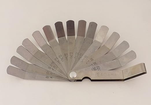 Offset Feeler Gauge Set - 16 Blades for Gap Width or Thickness, .005-.020 inch / .127-.508 mm, Inches & Millimeters Imprinted