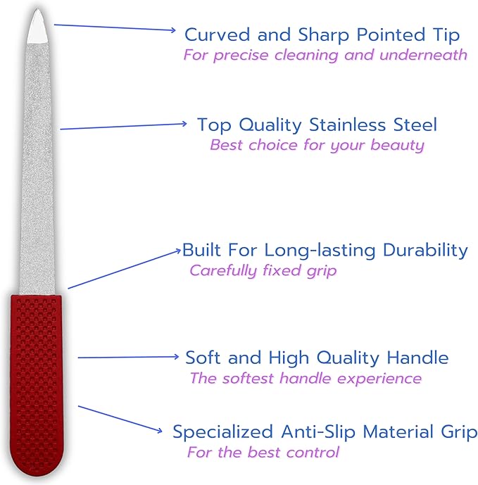Professional Sapphire Nail File – Ruby Red, 5" Stainless Steel, Double-Sided Metal File, Ergonomic Non-Slip Handle, for Natural, Gel, Acrylic Nails, Manicure & Pedicure Tool