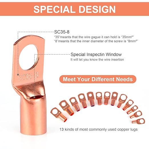 Copper Wire Lugs,Terminal Connectors,Used on AWG12 10 8 6 4 2 Cable,Heat Shrink Set,Bare Copper Eyelets,Ring Terminals Connectors,85Pcs Battery Cable Lugs Ends and 110Pcs Heat Shrink Tubing (195PCS)