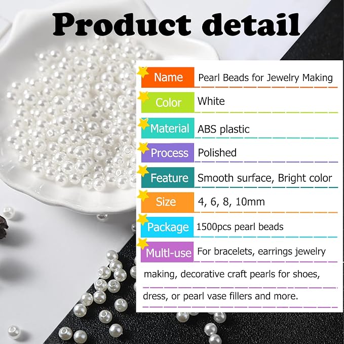 1500pcs Pearl Beads for Jewelry Making, 4mm 6mm 8mm 10mm Round Loose Pearls - Image 3