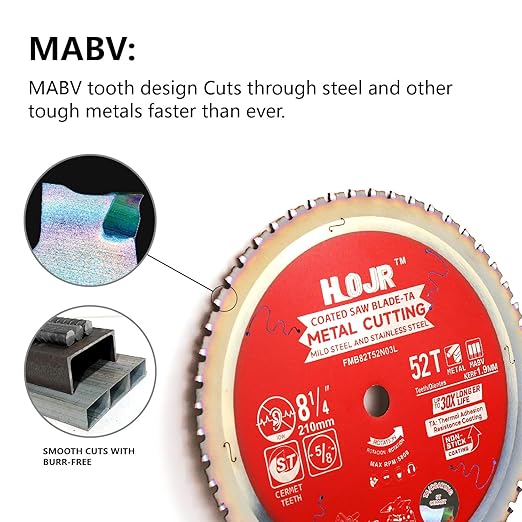 Metal Cutting Circular Saw Blade, Steel and Stainless Steel Cutting, The Cutting Head uses a Special Anti-Heat Sticking Coating with high Finish and Long Life, FMB 8-1/4 inch 52-Tooth 5/8" -TA