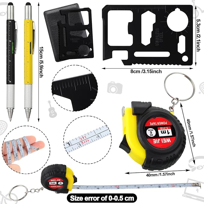 48 Pcs Mini Tape Screwdriver Keychain Set Christmas Men Gifts Bulk Adult Party Favors Multitool Pen Card Tool Measuring Keychains Stocking Christmas Stuffers for Men Dad (Yellow,Black)