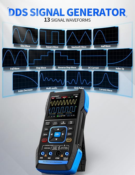 FNIRSI 2C53T Upgraded Handheld Oscilloscope, 50MHz Bandwidth, 250MS/s Sampling Rate, 20000 Counts, 3IN1 Digital Oscilloscope Multimeter DDS Generator, Voltage, Current, Capacitor, Resistor, Diode Test