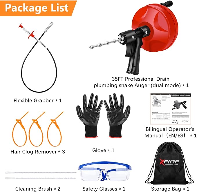 35 FT Drain Snake 2.0 with Double Mode, 10-In-1 Drain Auger for Sink and Drain Unblocking, Plumbing Snake for Real DYIs (Frosted Red)