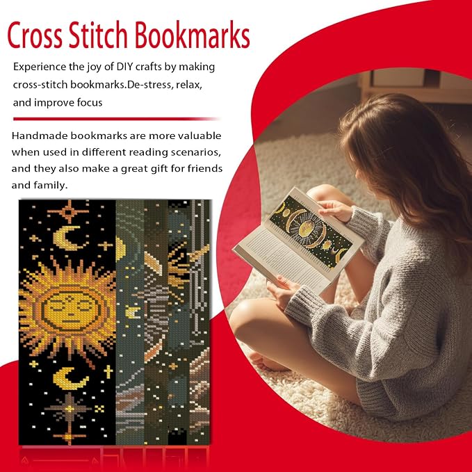 VIGEGU 5 Pcs Sun Moon Landscape Cross Stitch Bookmark Kit - Image 2