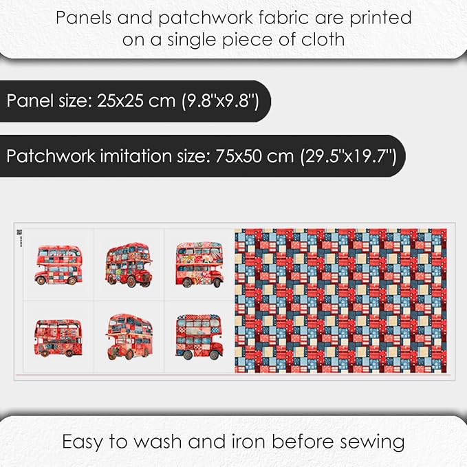 Patchwork Double-Decker Bus Cotton Fabric Panel – 6 Designs + Bonus Sheet - Image 4