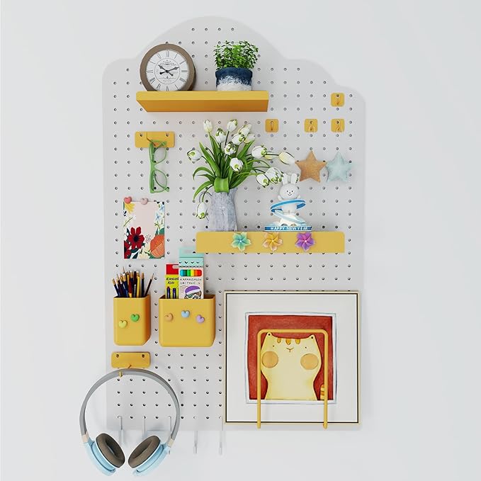 Metal Pegboard Kit — Pegboard Wall Organizer with 26 Accessories, Carbon Steel Pegboards for Home, Office, Study Room, Kids Room, Craft Room, Living Room — 32″ × 20″ Cloud White Peg Board