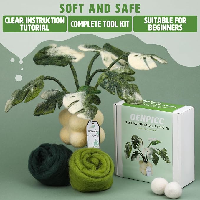 OEHPICC Needle Felting Kit for Beginners, Monstera Potted Plant Felt Kit | Wool - Image 5