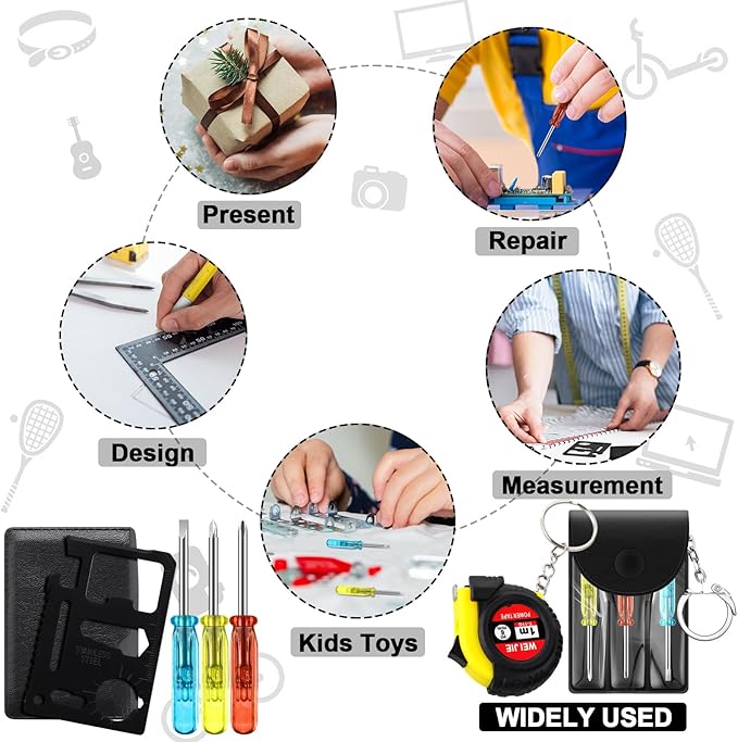 144 Pcs Mini Tape Screwdriver Keychain Set Christmas Men Gifts Bulk Adult Party Favors Multitool Pen Card Tool Measuring Keychains Stocking Christmas Stuffers for Men Dad (Yellow,Black)