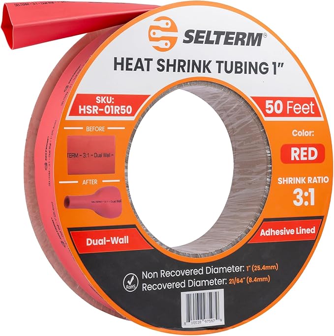 SELTERM 1" Red [50 Feet] Marine Grade Heat Shrink Tubing Roll, 3:1 Ratio Dual Wall Adhesive Lined Waterproof Heat Shrink Wrap Tube, for Battery Cable Lugs Wire Terminals Connectors