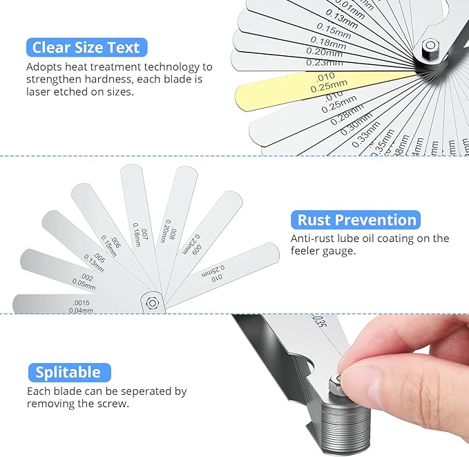 CAMWAY 2Pcs Feeler Gauge Set Steel Metric/Inch 32 Straight Blade Steel Feeler Gauge+16pcs Feeler Gauge 45º Blades Offset for Measuring Gap Width Thickness Valve Spark Plug Gaps Measuring Tools