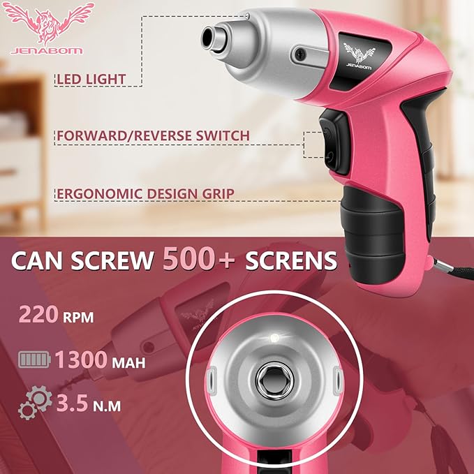 Pink Household Tool Set with 3.6V USB Electric Screwdriver, 151 PCS Home Tool Kit with Cordless Lithium-ion Drill Driver, Hand Tool Kits for Women