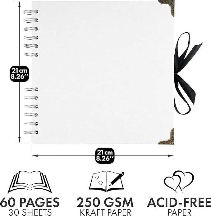 Bstorify Square Scrapbook Photo Albums 60 Pages White Thick Paper, Metal Corners - Image 2