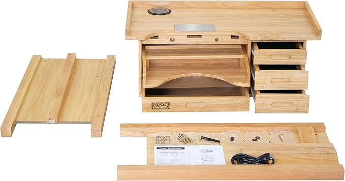 Deluxe Solid Wood Jewelers Workbench – Heavy-Duty Jewelry Bench with Drawers, Outlets, 1 USB, 1 Type-C, 2 Sockets, Wireless Charging Pad & Pop-Up Retractable Power Socket for Crafting & Repair