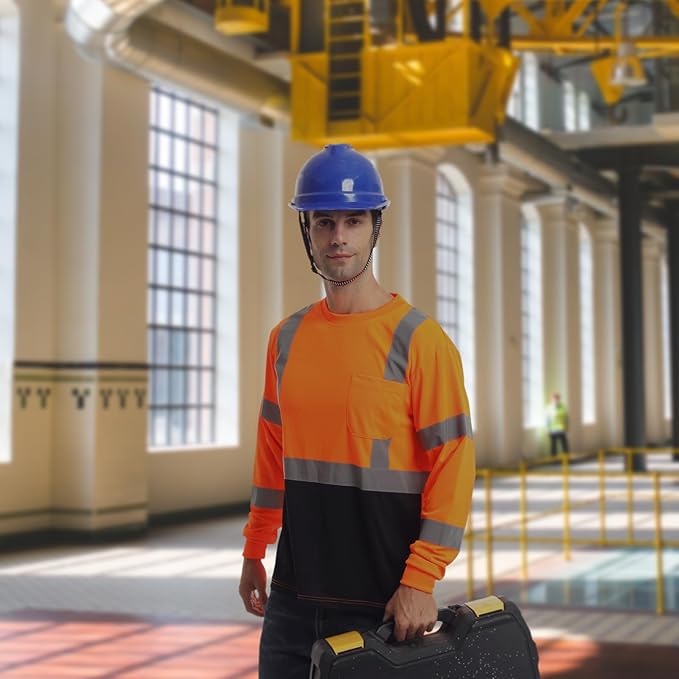 High Visibility Class 3 T Shirts，Hi Vis Safety Shirts with Reflective Strips and Pocket, Long Sleeve Quick Dry Mesh Construction Work Shirt for Men/Women Black Bottom Orange,Small